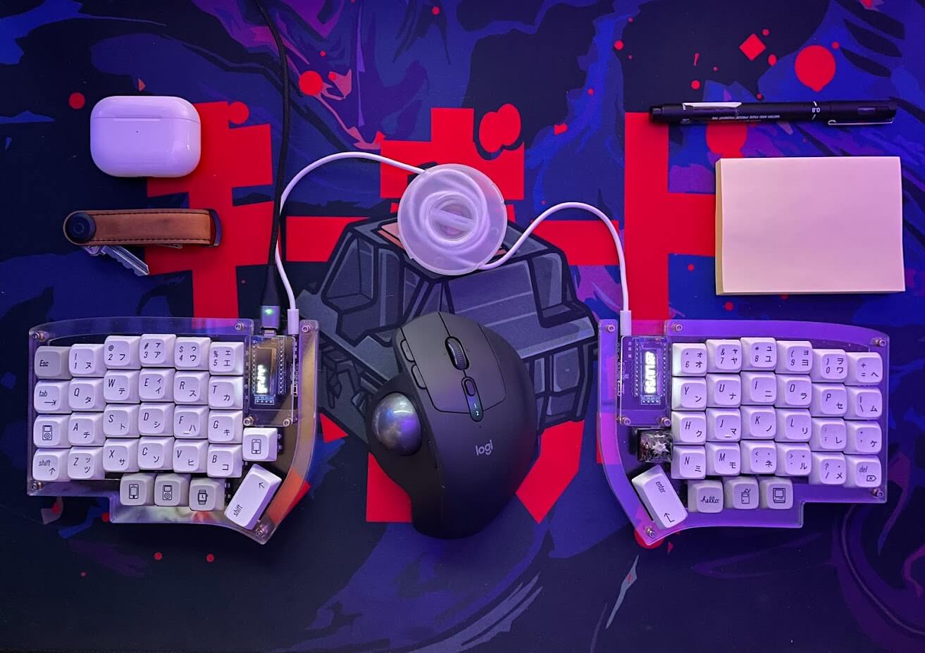 Photo of Sam's keyboard and trackball