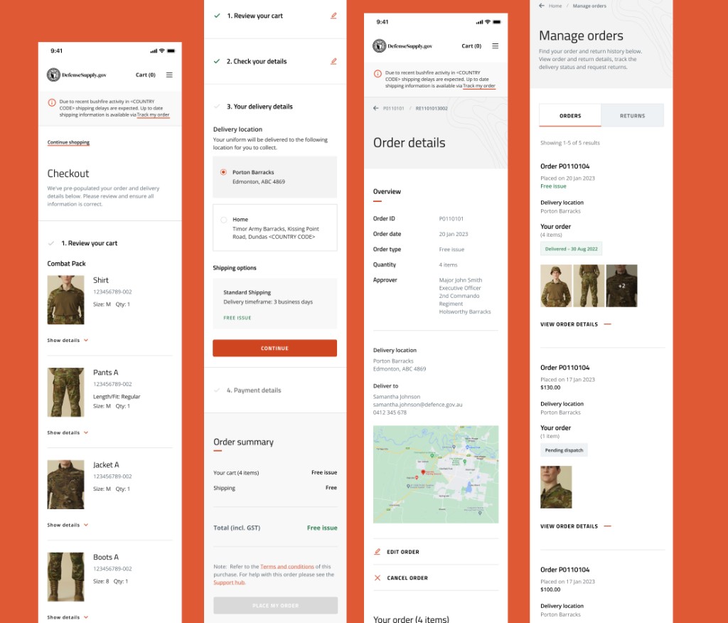 Order lifecycle screens including checkout, order details, and manage orders