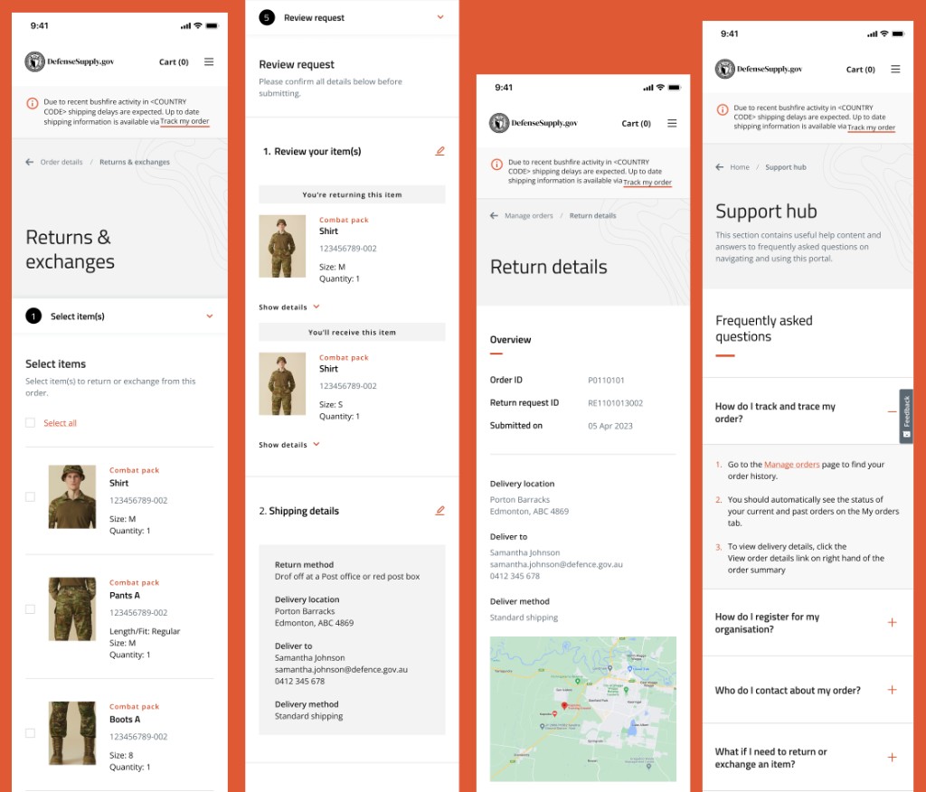 Returns and support hub screens with return details and FAQs