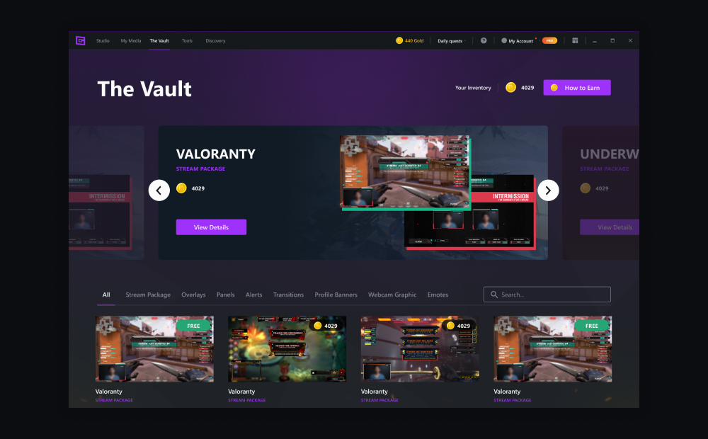 Screenshot of The Vault, featuring several streaming assets that users can buy