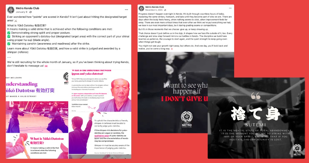 FYI-style Metro Kendo Club educational and motivational posts about yuko datotsu, discipline, and kendo mindset