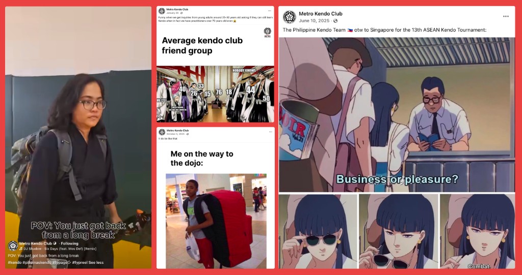 Two meme-style Metro Kendo Club posts: average kendo friend group and Philippine Kendo Team Singapore tournament meme
