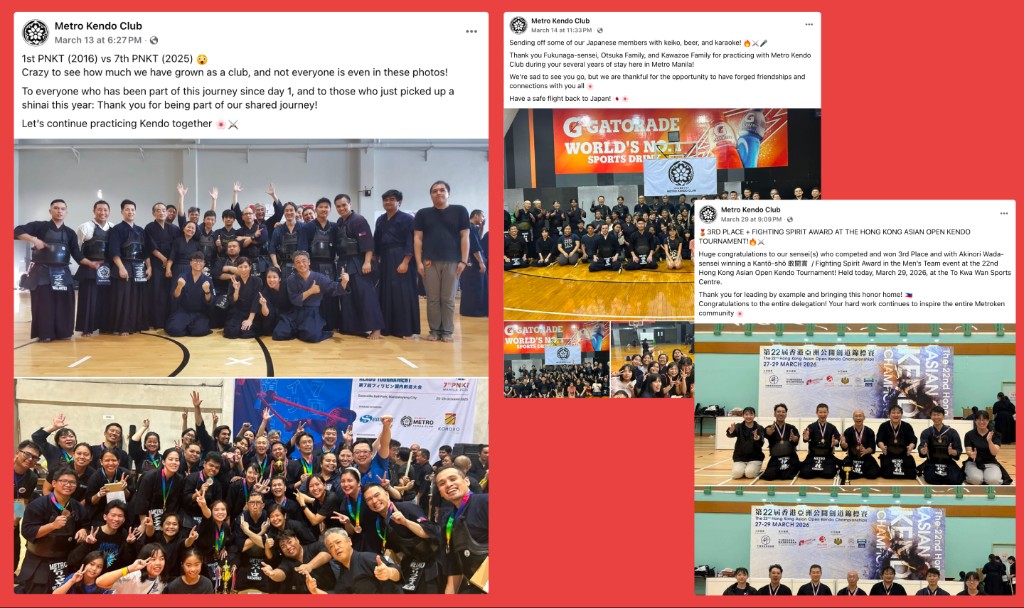 Collage of Metro Kendo Club Facebook posts: club growth comparison, farewell to visiting members, and Hong Kong Asian Open results
