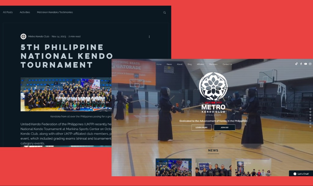 Metro Kendo Club: previous dark-mode blog post beside the new official homepage with hero, mon crest, and navigation