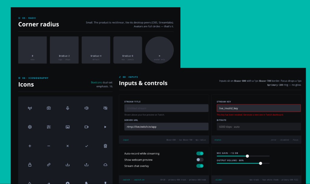 XSplit design system panel with corner radius, icons, inputs, and controls