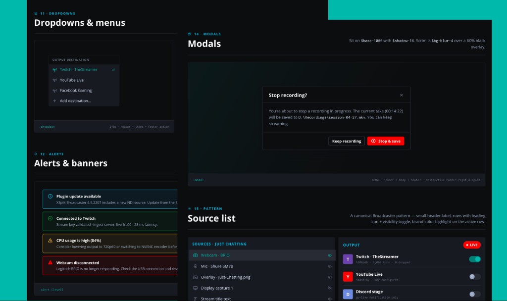 XSplit design system panel with dropdowns, menus, modals, alerts, and source list
